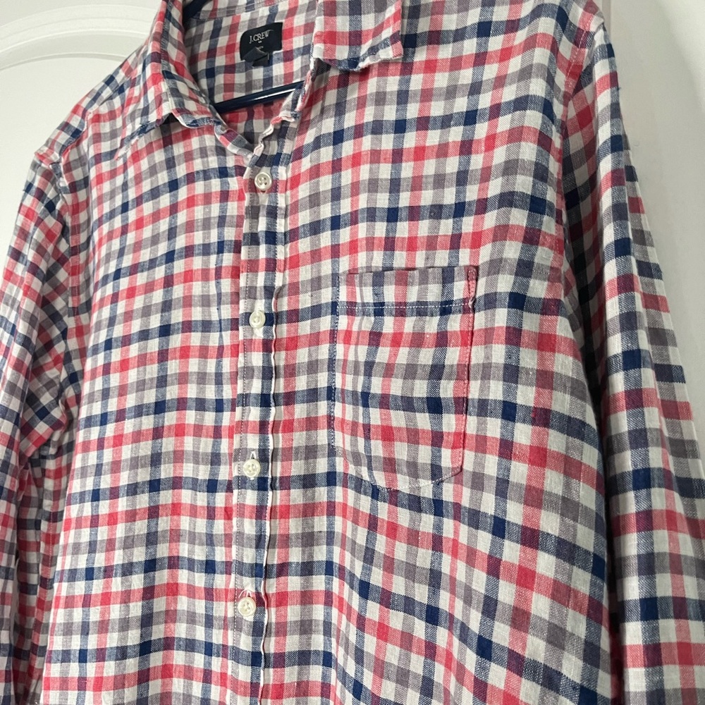 J.Crew Factory 100% linen check print men’s Button Down Shirt size L - Picture 2 of 6